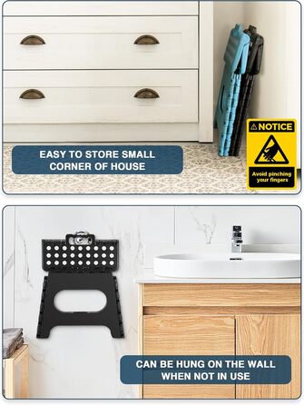 Складний стілець HOUSE DAY 27см чорний: міцний, з антиковзними ніжками та ручкою, для кухні, ванної, дитячої кімнати, кемпінгу, вантажопідйомність 150кг