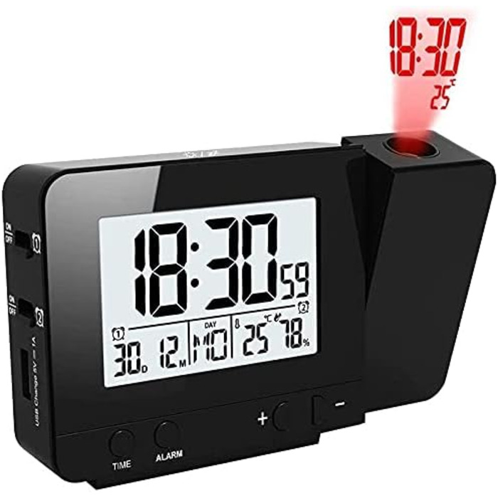 Projection Alarm Clock Digital Clock with Time, Temperature Projection, Dual Alarm, Humidity, Snooze, Timer, Calendar, USB Port (Black)