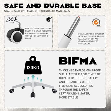 Ергономічне крісло для офісу та робочого столу з підйомними підлокітниками, регульованою підтримкою попереку, регульованою висотою поворотного сидіння та спинкою, що нахиляється до 130°, (Білий)