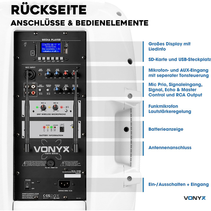 Vonyx Verve46 - портативна акустична система для вечірок з Bluetooth, 1000W, 2 мікрофони UHF, MP3, вбудований акумулятор, пульт ДУ - чорний