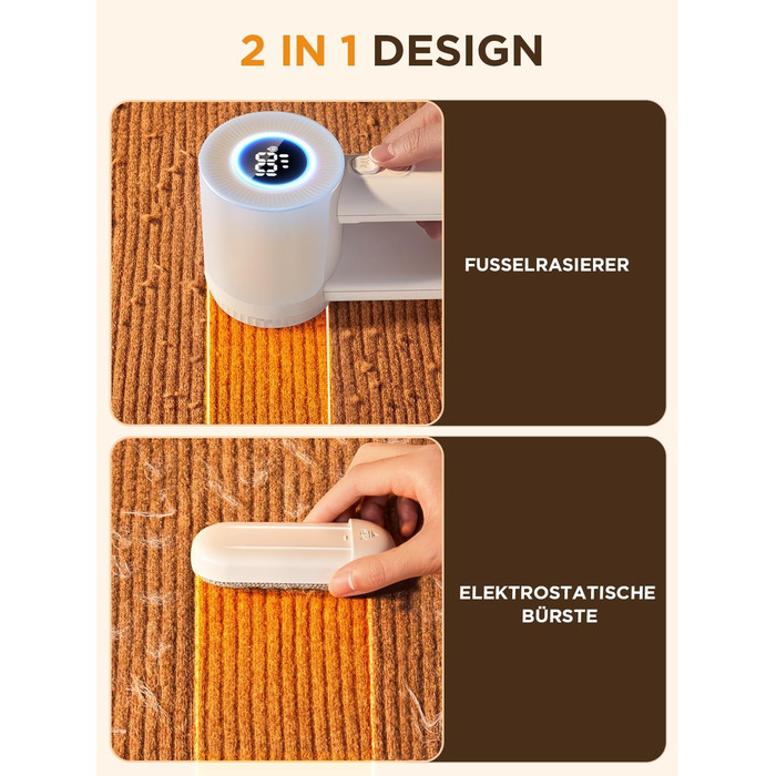 Електричний видальник ворсу 2-в-1 з трьома швидкостями для всіх тканин, з цифровим дисплеєм, 3 леза, USB-C кабель (Білий)