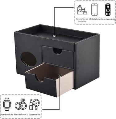 Tissue Box Linen with Drawers, Square Cosmetic Tissue Box with Magnetic Closure, Tissue Box with Side Pocket for Cell Phones, Cosmetic Brushes, Remote Controls, Office Supplies, Perfumes (Black)