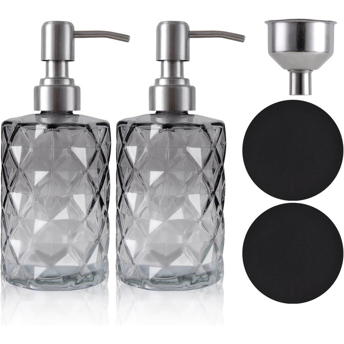 Дозатор мила скляний для ванної кімнати, наповнюваний помповий дозатор для кухні з нержавіючим тримачем, 2 підставки, 330 мл, вінтажний дозатор мила з матовим насосом (сірий)