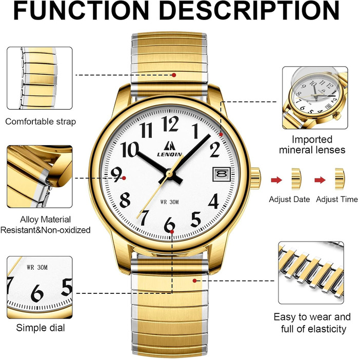 Жіночий годинник LN LENQIN: Водонепроникні годинники для жінок з нержавіючої сталі, кварцовий механізм, регульований браслет (сріблястий, золотий, білий)