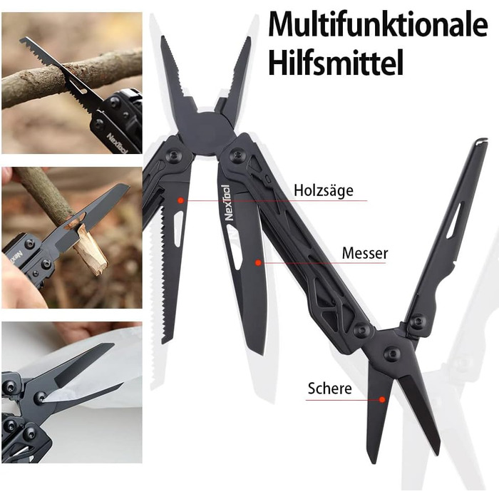 NexTool Multitool, 11-in-1 Multitool, Folding Stainless Steel, Multifunctional Tool with Knife, Scissors, Bottle Opener, and Wood Saw, 9 Screwdriver Bits, Nylon Pouch for Gifts for Men