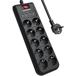 Мережевий фільтр з 4 USB, 6 розеток, вимикач, настінний, 3680W, 16A, 2 Type-C, кабель 1.8м (чорний)