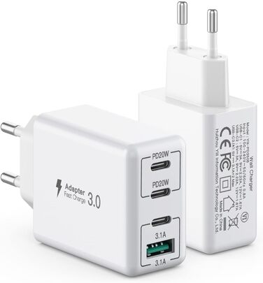Блок зарядки USB C 40W 4-портовий, Швидка зарядка PD+QC, Багатопортовий для iPhone/Samsung/Tablet, Білий (2 шт. в упаковці)