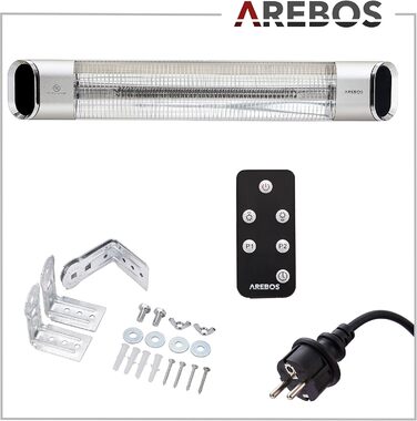 Інфрачервовий обігрівач Arebos 2000W з пульт дистанційного керування | 2 режими нагріву | кут нахилу 60° | комплект кріплення | обігрівач для тераси, даху, стелі | срібляний