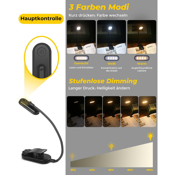 Світлодіодна лампа для читання Bonsery з USB-зарядкою, 16 LED, 3 режими температури кольору та регульована яскравість, гнучка настільна лампа для читання в ліжку, чорна