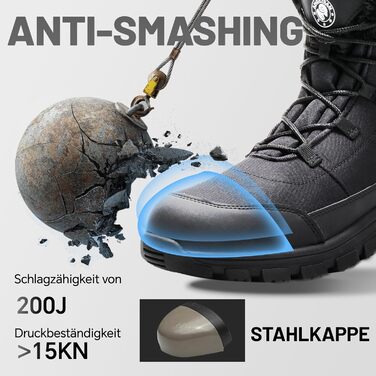 Зимові робочі черевики ANGRYRAM для чоловіків та жінок. Теплі, з металевим підноском, неслизькі, чорні. Розмір 44 EU