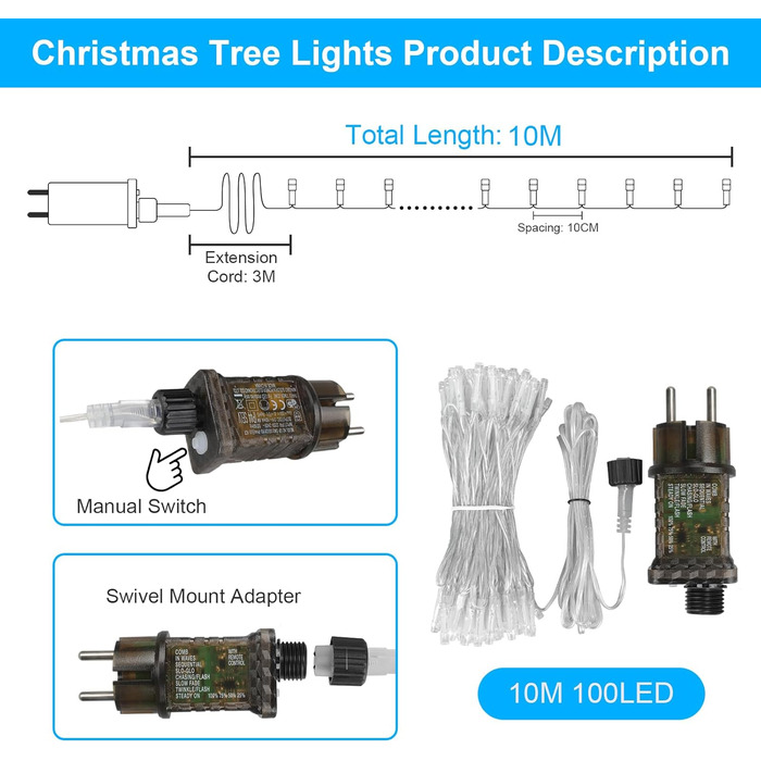 Гірлянда святкова LED 10 метрів, 100 світлодіодів, з пультом дистанційного керування, 8 режимів, вологостійка, для декору саду, вечірки, тераси, балкону (багатокольорова)