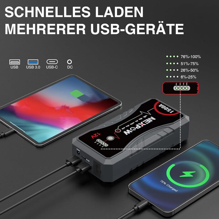 Powerbank для авто NEXPOW Starthilfe 1500A: стрибковий стартер з LED ліхтариком та USB, 12V для бензинових (7.0L) та дизельних (5.5L) двигунів