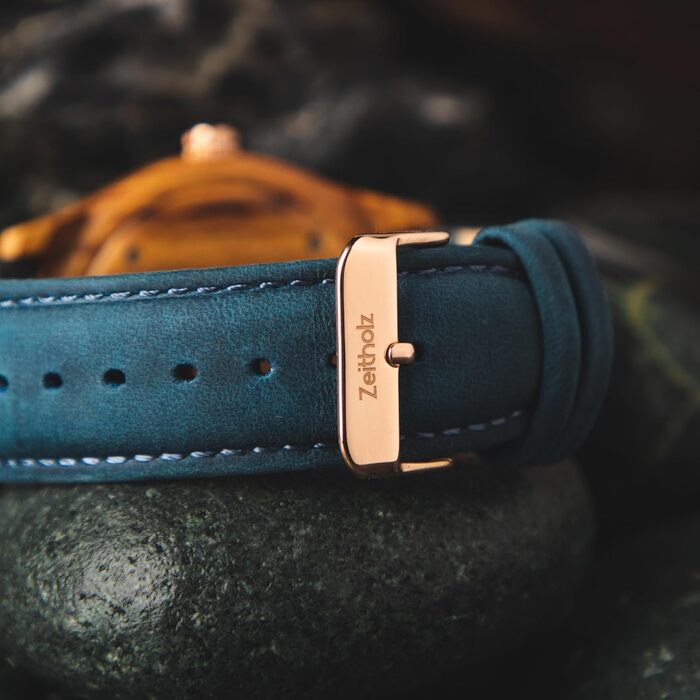 Годинник Zeitholz Holzuhr для чоловіків, аналоговий, 42 мм, з натурального дерева та японським кварцовим механізмом. Екологічний стиль, преміум якість. Колір: блакитний