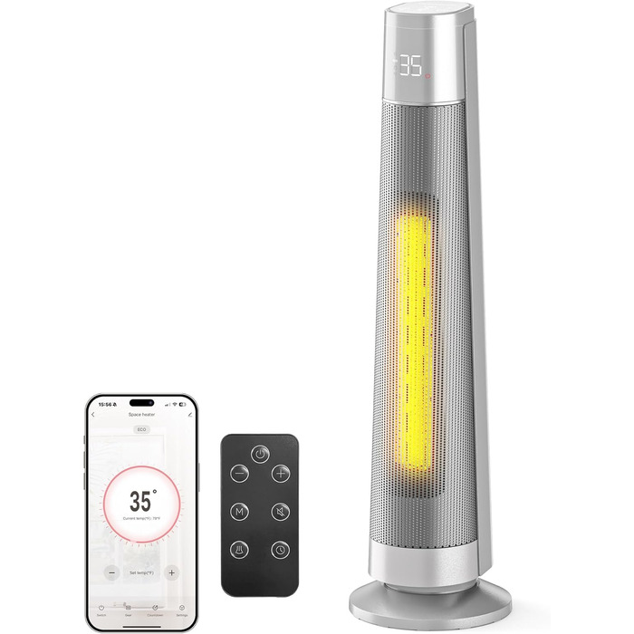 Електричний обігрівач PTC 2000W з термостатом та дистанційним керуванням, тихий, з осциляцією 70°, таймером 12h, захистом від перегріву та нахилу, чорний, 1 шт. (74 см, сріблястий)