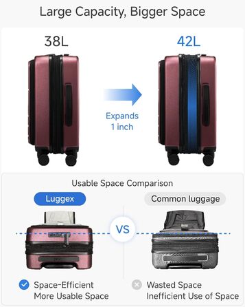 Чемодан-валіза LUGGEX на ручках, ручна поклажа з відділенням для ноутбука – Розширюваний жорсткий кейс з полікарбонату з TSA-замком (56×38×24 см) (Червоний)