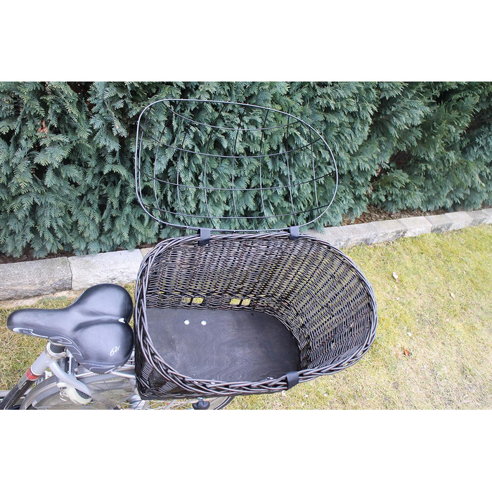 Корзина для велосипеда для перевезення багажу з лози з металевою сіткою та подушкою, чорна XL або XXL. Підходить для собак та інших тварин. Розміри XXL: 60 x 40 x 50 см (без подушки).