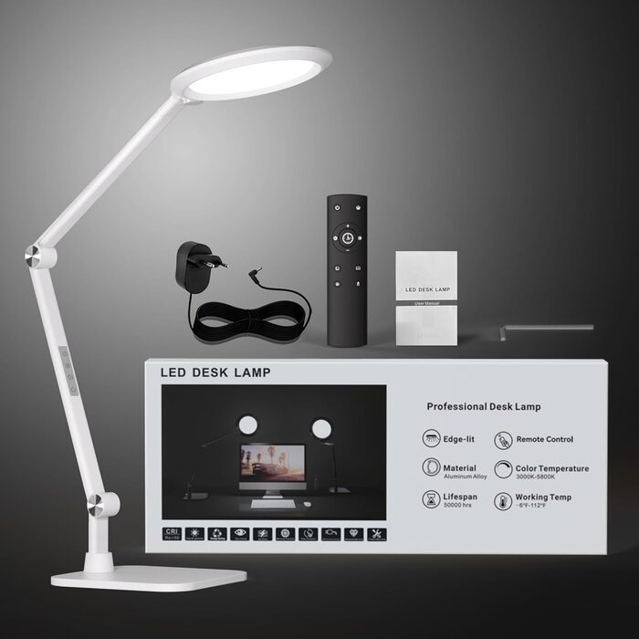 LED лампа настільна з денним світлом для відеоконференцій, офісна лампа з підставкою, регульована з 4 режимами кольору, 18W світло для відео, захищає очі, підходить для дому та офісу, матовий білий