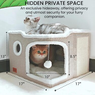Large Cat Cave Bed for House Cats, Foldable Pet House, Cube with Scratch Pad, Kitten Cave, Cat Hideaway Cute Hut with Soft Cushion Mat, Beige, 43.2 x 43.2 x 33 cm