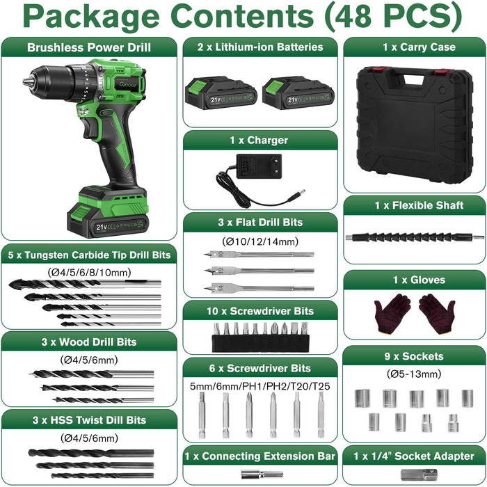 Ginour 21V акумуляторний ударний дриль-шуруповерт, комплект 47 предметів, сумісний з Makita 18V, 50 Nm, 2 швидкості, LED, 10 мм