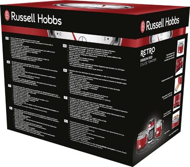 Russell Hobbs Toaster [for 2 slices] Retro Stainless Steel Red (Retro-style countdown display, includes bread roll attachment, 6 browning levels + defrost & reheat function, 1300W) Vintage 21680-56