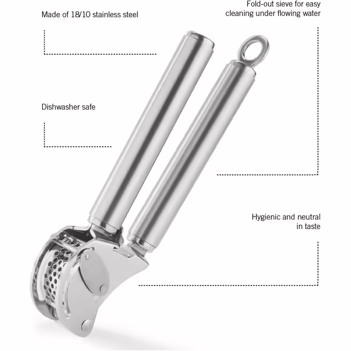 RÖSLE Ginger and Garlic Press in Professional Quality, with Folding Strainer, Stainless Steel 18/10, Dishwasher Safe (Garlic Press with Scraper, Bundle with Dough Scraper)