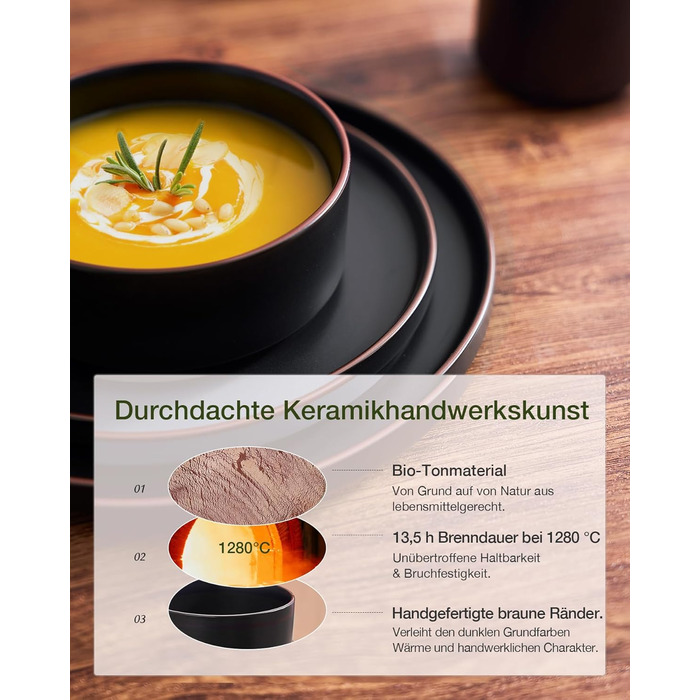 Набір посуду Mercury, 12 предметів: тарілки, супові миски, десертні тарілки, набір для 4 осіб, кераміка, колір графіт (матовий чорний), безпечний для мікрохвильової печі та посудомийної машини