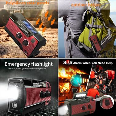 Радіо на сонячній енергії Notfall-Solar Radio з ручним курантом, LED-ліхтарик, SOS-сигнал, AM/FM, акумулятор 4000mAh, зарядка смартфона (червоний)