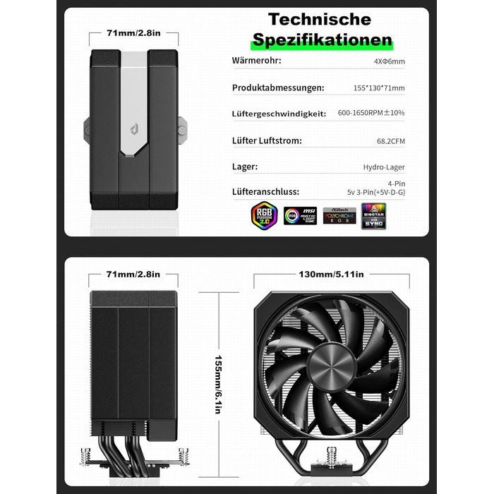 upHere Кулер для CPU з ARGB підсвічуванням, 4 теплові трубки, 120мм вентилятор, сумісний з AMD AM4 AM5/Intel 2011/2066, ПК кулер up1KC4