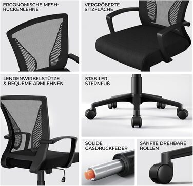 Офісний крісло Yaheetech ергономічне, комп'ютерне з сітчастою спинкою, з підлокітниками, для офісу та дому, чорне, до 136 кг, з регулюванням висоти та функцією гойдання