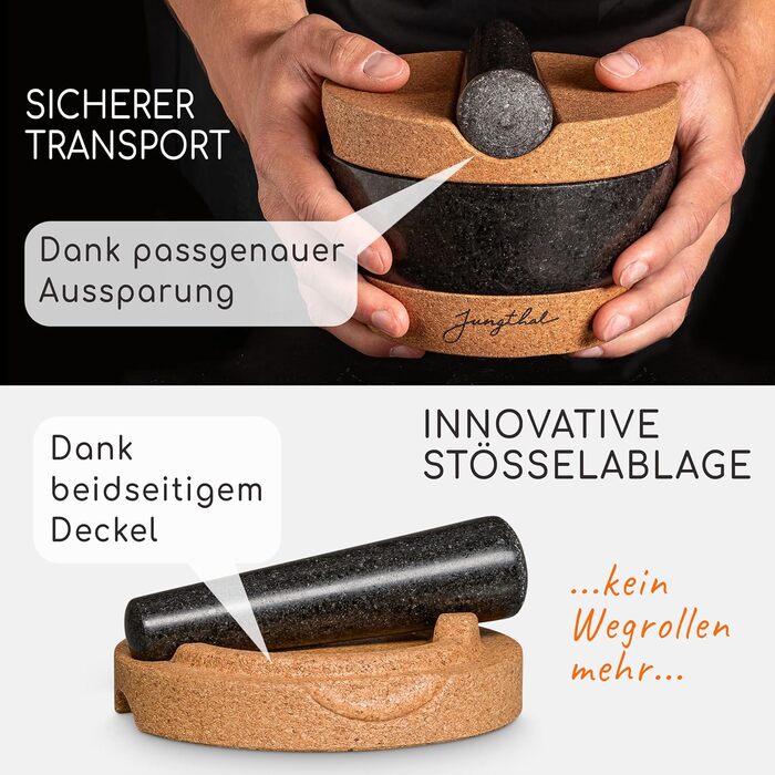 Набір ступки та пестика | Граніт | Основа та кришка з корку | Великий (XXL) для спецій та трав