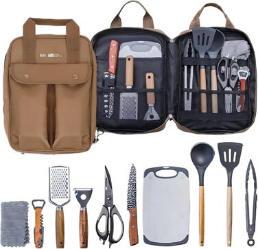 Набір кухонного приладдя для кемпінгу Sadodo: 11 предметів, з органайзером та сумкою, силікон та нержавіюча сталь