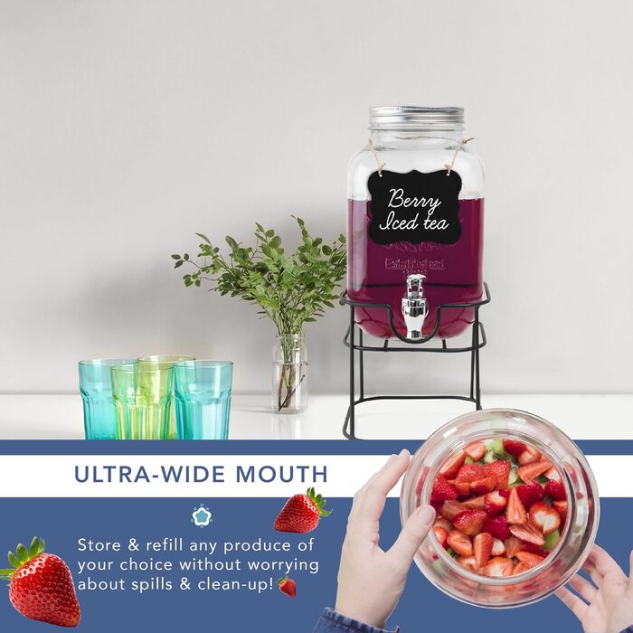 Скляний диспенсер для напоїв з краником - 4 літри, Mason Jar, з пластиковим краником та металевим підставкою