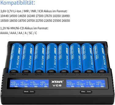 Зарядний пристрій Xtar VC8 для акумуляторів 18650/21700 з LCD-дисплеєм та тестуванням ємності, сумісний з 10440, 16340, 17670, 26650, AA, NI-MH
