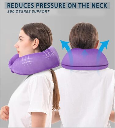 Подушка для шиї, зручна, портативна, регульована, з Memory Foam, U-подібна, для подорожей (літак, кемпінг, поїзд, авто, офіс), фіолетовий