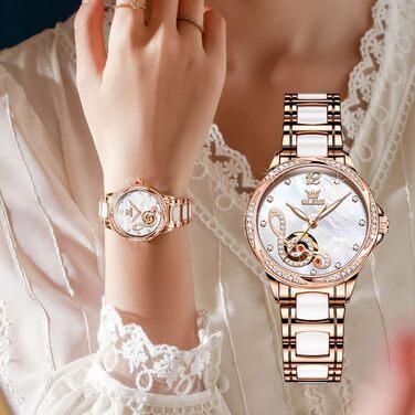 Годинник жіночий OLEVS рожеве золото з серцем-діамантом, чорно-білий циферблат, кварц, водонепроникний, комплект з браслетом, годинники для жінок (6656 Білий)