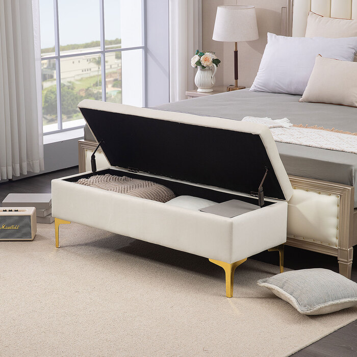 HOMCOM Storage Bench Upholstered Bench Velvet Look Metal Legs Bed Bench for Living Room Bedroom Hallway 120 x 44 x 44.5 cm Beige