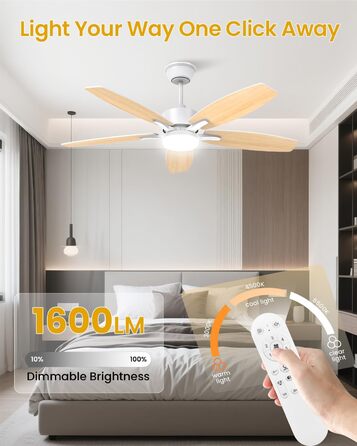 Стелянка вентилятор 106 см з підсвіткою, двосторонні лопаті, тихий вентилятор з LED-лампою та пультом керування, для спальні/вітальні, DC мотор, штанга світлого дерева