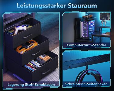 Ігровий стіл Coleshome з шухлядами, 151x50 см, з LED-підсвічуванням та розеткою, стіл для комп'ютера з полицями та підставкою для монітора, карбонове волокно, чорний