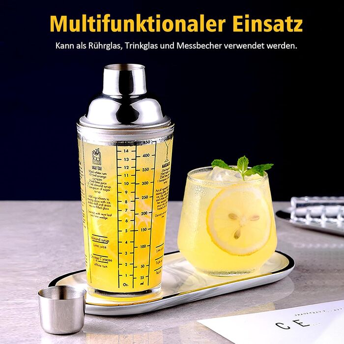Stainless Steel Cocktail Mix Set - 14 Piece Bartender Kit with Bamboo Stand & Cocktail Shaker - Professional Mixology Set - Black (400ml D-Glass)