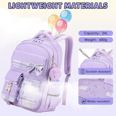 Шкільний рюкзак Tanou для дівчаток, водонепроникний, з ручкою-телескопом, візерунок 'каваї', 9-16 років (фіолетовий)