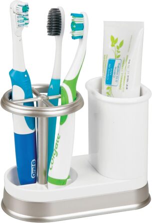 mDesign Toothbrush Holder - high-quality toothbrush holder made of plastic for bathroom sink or vanity cabinet - practical holder for toothbrushes and toothpaste - white and matte silver