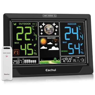Eachui Weather Station Radio with Outdoor Sensor, Large Color Display, Radio Weather Station with Weather Forecast, DCF Radio Clock, Indoor and Outdoor Temperature and Humidity, Barometer, Battery Powered (Black)
