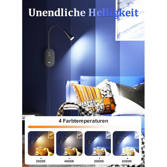 Нічна LED лампа для читання Wandleuchte з USB, 5 рівнів яскравості, сенсорне управління, гнучкий кронштейн, автовимкнення (Чорна)