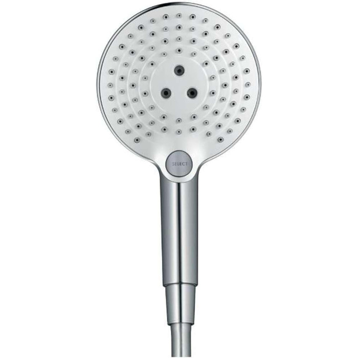 Hansgrohe Raindance Select S - Showerhead, Hand Shower with 3 Spray Patterns, Showerhead, Showerhead with Anti-Limescale Function, White/Chrome, 26530400