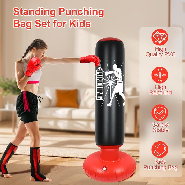 Дитячий боксерський мішок Qoosea, 160 см, надувний, з боксерськими рукавичками, для карате, кікбоксингу, таеквондо, MMA, подарунок для хлопчиків та дівчаток 3-12 років