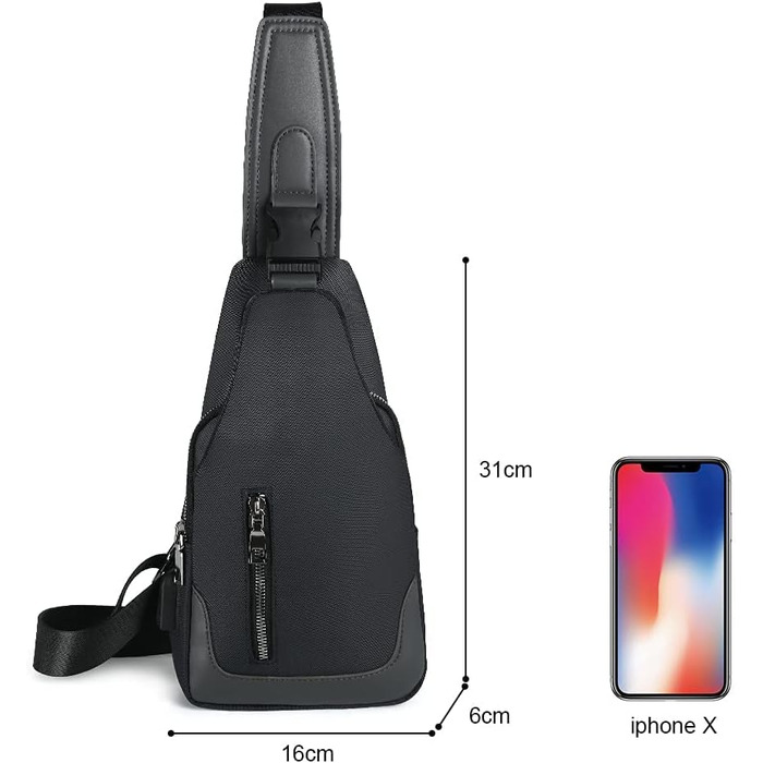 Чоловіча нагрудна сумка-слінг Brusttasche з USB-портом для зарядки, водонепроникна, чорна