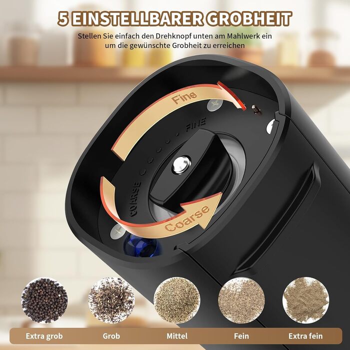Salt and Pepper Shakers Electric 2-Piece Set, Automatic Pepper Grinder with Charging Station, USB Rechargeable Spice Grinder Electric, Adjustable Coarseness, One-Hand Operation, Ceramic Grinder, LED Light
