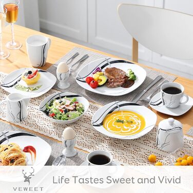 VEWEET FIONA 100-Piece Dinnerware Set, 12 Place Settings, Porcelain Dinnerware Set consisting of dinner plates, dessert plates, soup plates, cereal bowls, coffee cups, coffee mug set, egg cups, milk and sugar set