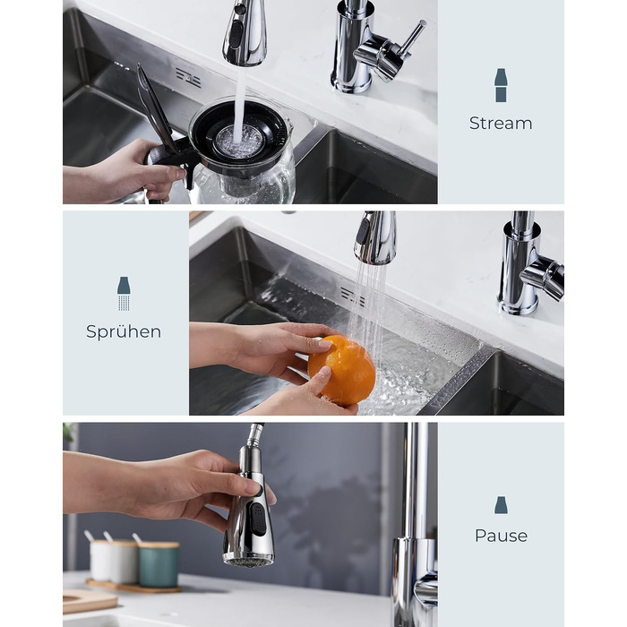 Кран кухонний FORIOUS з висувною лійкою, 360° обертання, 2 режими, хром полірований