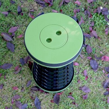 Стілець-телескоп складний Fishtec, регульована висота 6-44,5 см, ABS-пластик, вантажопідйомність 130 кг, портативний 1,28 кг, Ø25,5 см, з плечовим ременем, для кемпінгу, риболовлі, пікніка, чорно-зелений